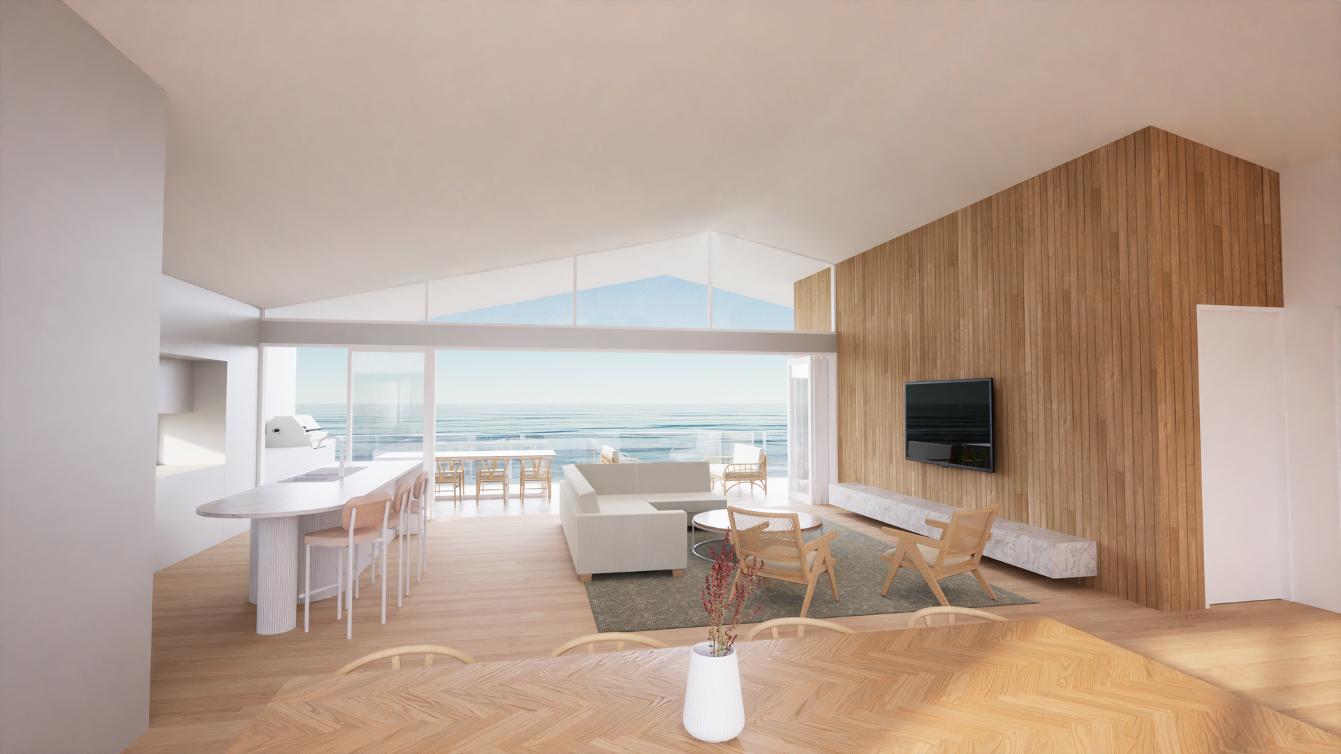 Modern Living Room With Wood Paneling, Tv, and Ocean View — BOLD Architecture + Interior Design In Mackay, QLD