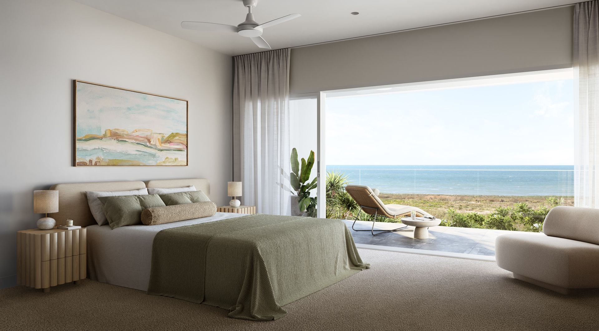 Bed, Art, Two Nightstands, Lounge Chair, and a Soft, Patterned Carpet — BOLD Architecture + Interior Design In Mackay, QLD