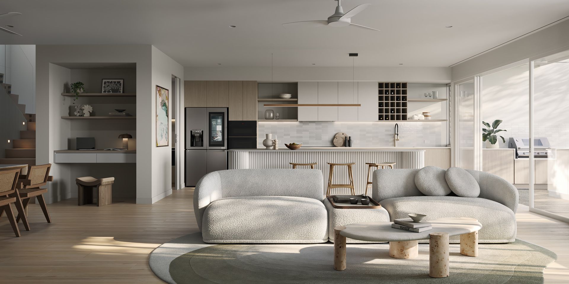 Modern Living Room With Kitchen, Fluffy Sofa, and Round Coffee Table — BOLD Architecture + Interior Design In Mackay, QLD
