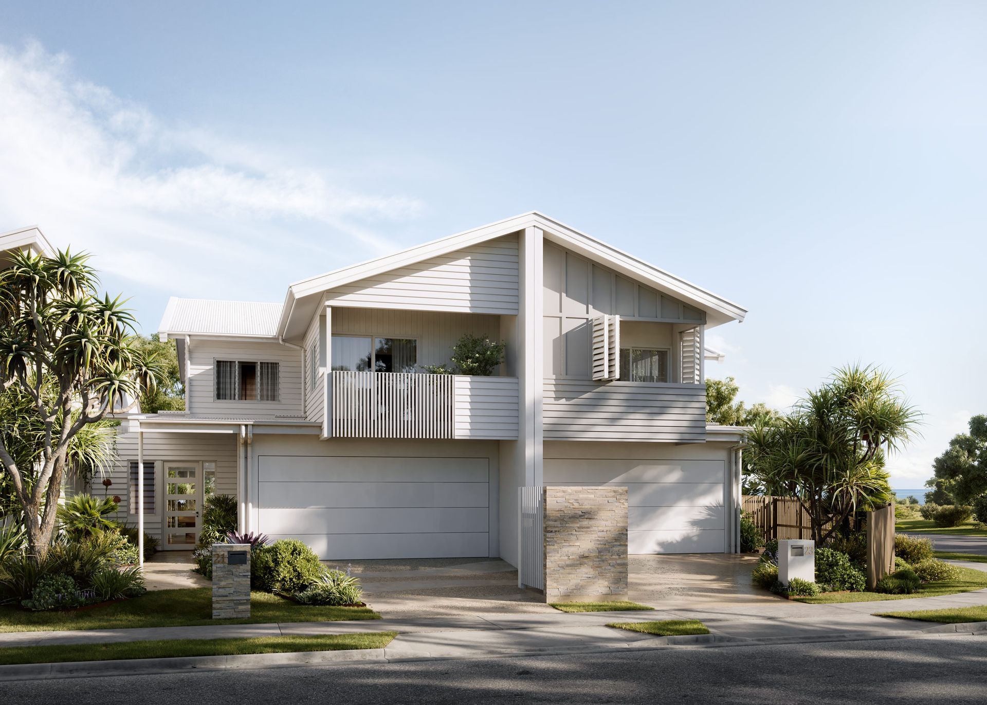 Two-story Light Gray House With Two-car Garage and Balconies — BOLD Architecture + Interior Design In Mackay, QLD