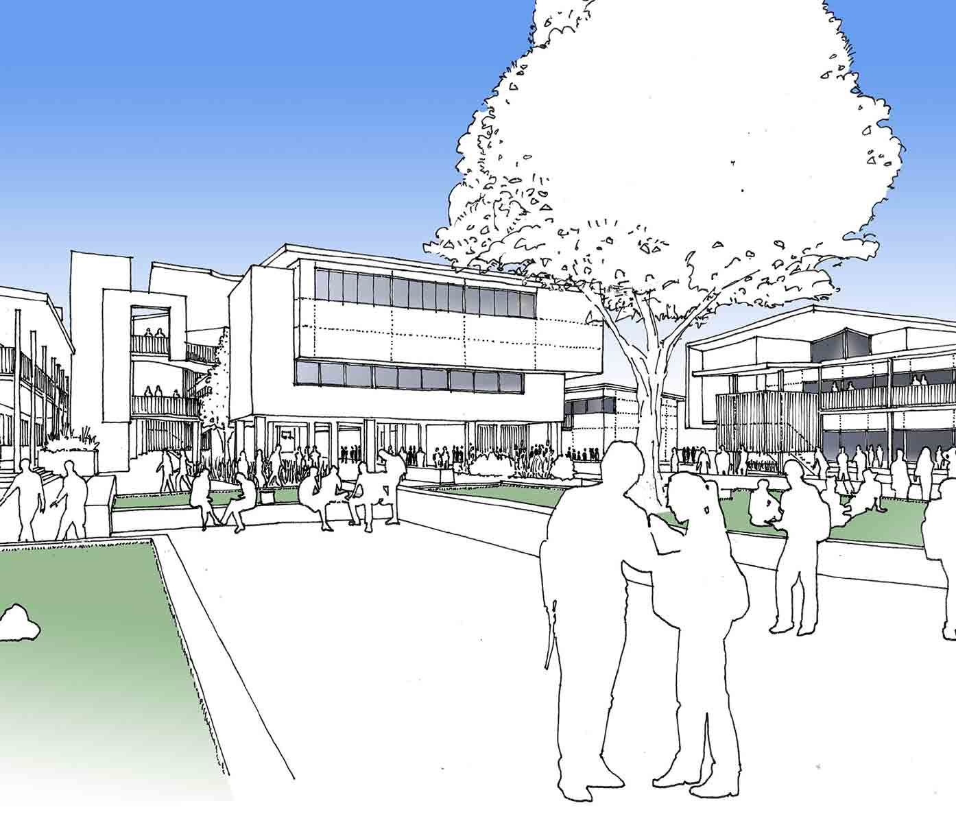 A Drawing Of People Standing In Front Of A Building — BOLD Architecture + Interior Design In Mackay, QLD