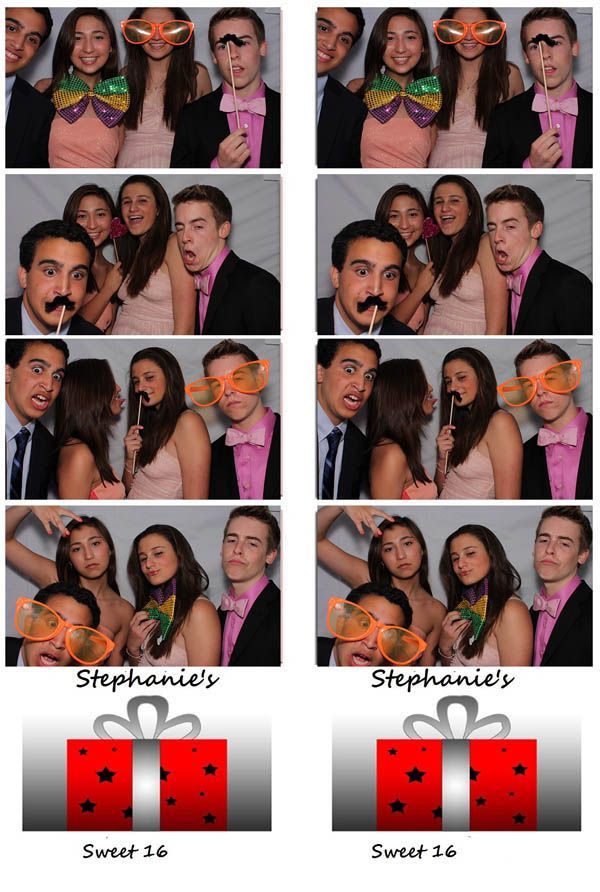 Photo booth strips: Four groups of people posing with props, celebrating a Sweet 16, with a gift box graphic.
