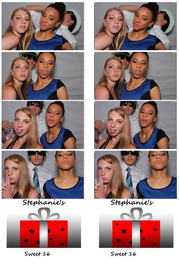 Photo booth strip: Two people making silly faces, celebrating a Sweet 16 with gift box graphic at the bottom.