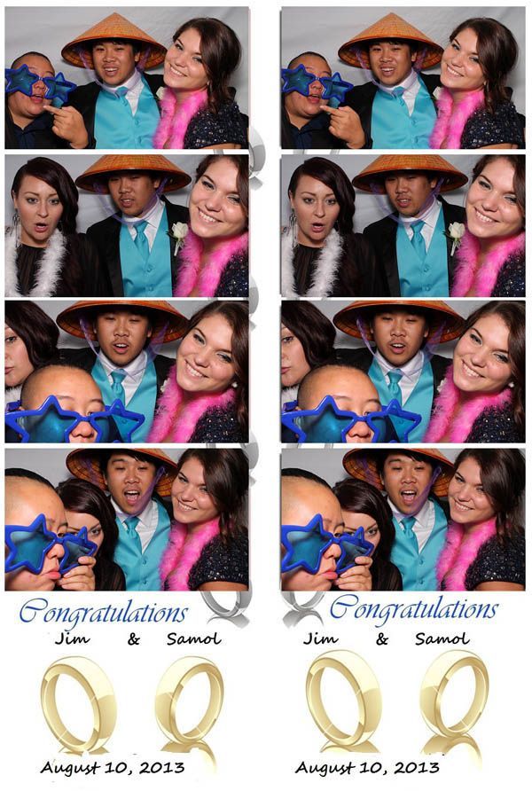 Photo booth strips for a wedding, with people wearing props and celebrating.