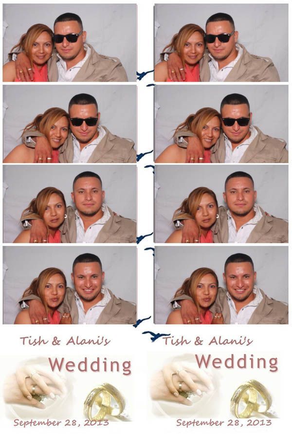 Photo booth strips of a smiling couple at a wedding. They are embracing and holding hands. Light and dark skin.