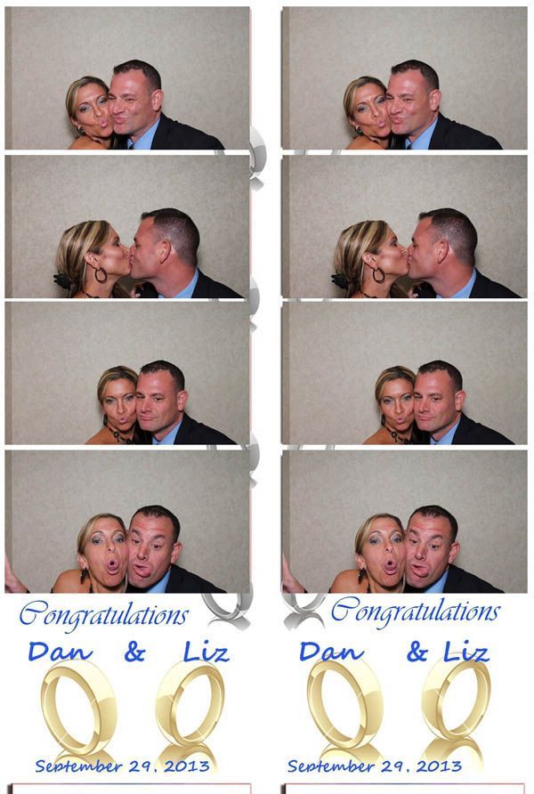 Photo booth strips with a couple kissing, making faces, celebrating their wedding.