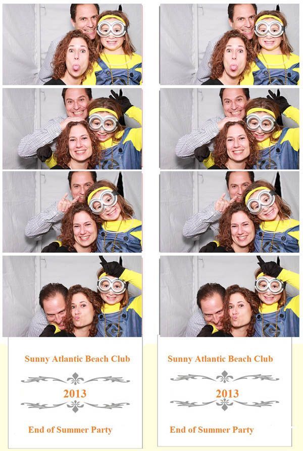 Photo booth strip: Three people posing with a Minion costume. Sunny Atlantic Beach Club, 2013, End of Summer Party.