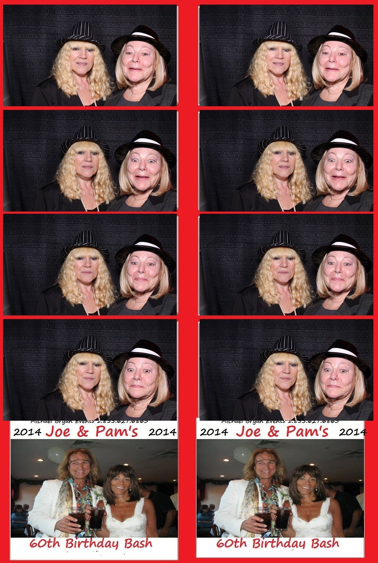 Photo booth strip with two women in different poses, and a couple's photo at bottom.