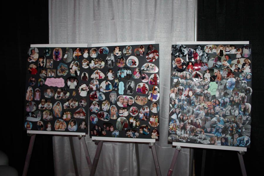 Three photo collages on easels, displaying numerous pictures. Dark backgrounds with varied framed photos.