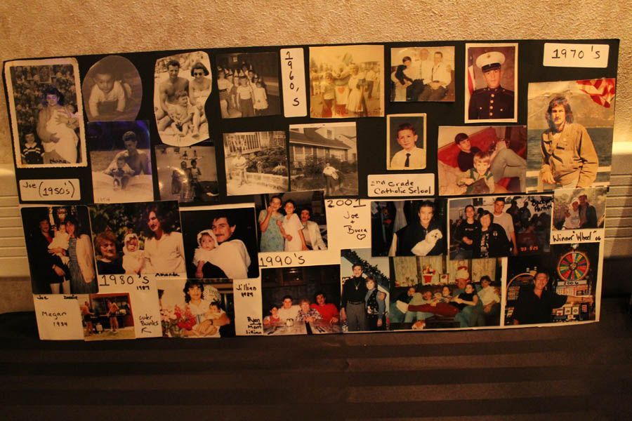 Collage of vintage photographs arranged by decade; weddings, family gatherings, and portraits on black background.
