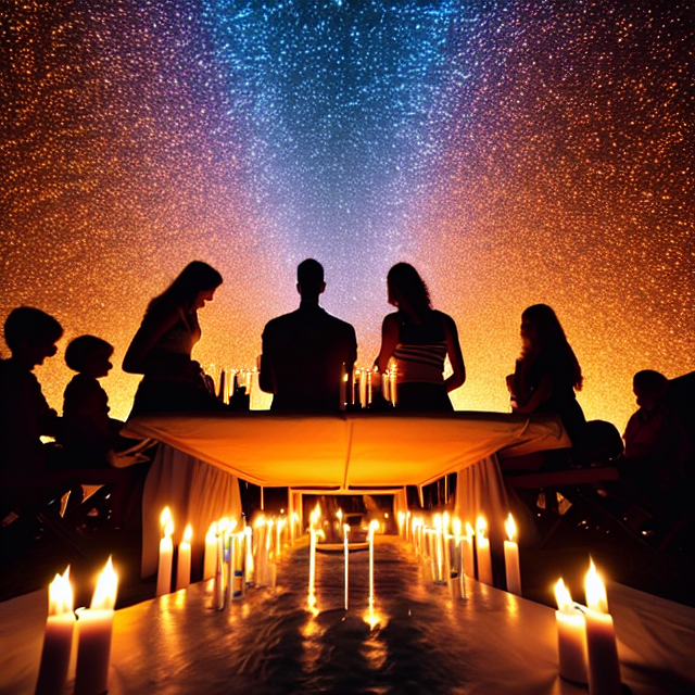 People silhouetted around a long table with lit candles, under a starry night sky.