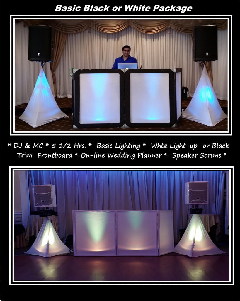 DJ setup with black or white facade and speaker stands, basic lighting package.