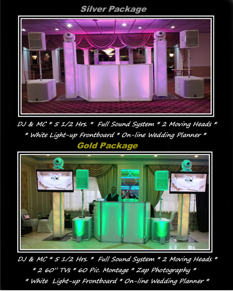 Two DJ package options: Silver with white lights, Gold with TVs, speakers, and green lights.
