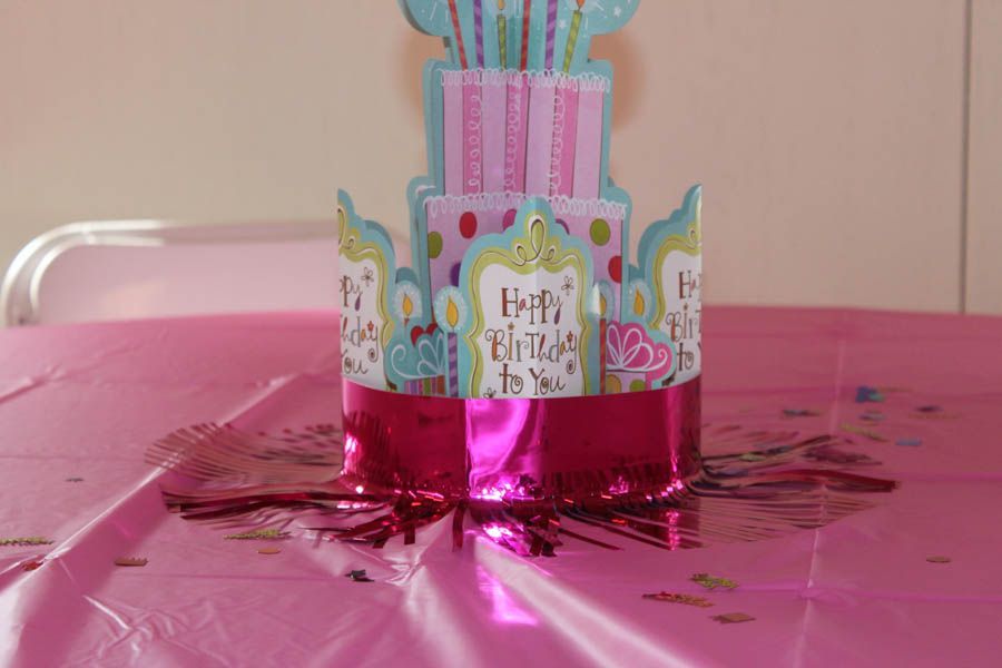 Birthday cake centerpiece on a pink table, with pink and teal details.
