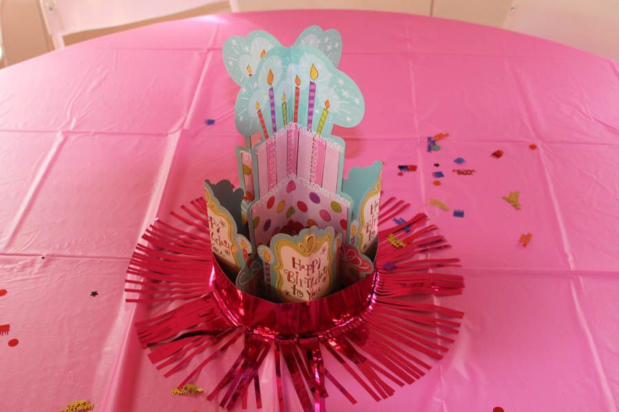 Birthday cake centerpiece on pink tablecloth with confetti.