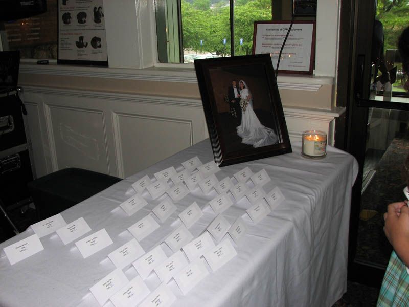 Table with seating cards, a framed wedding photo, and a candle.
