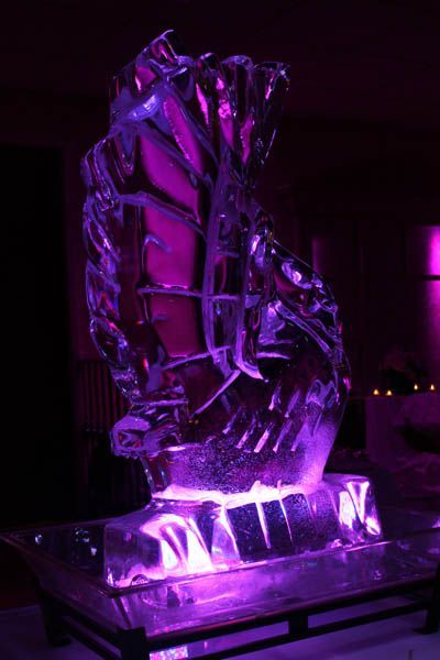 Ice sculpture illuminated with purple light.
