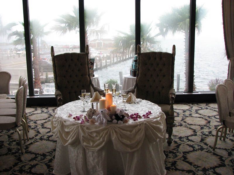 Table set for two, by a window, with candles and water view.