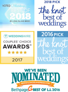 Awards logos from various wedding publications, including The Knot and WeddingWire.
