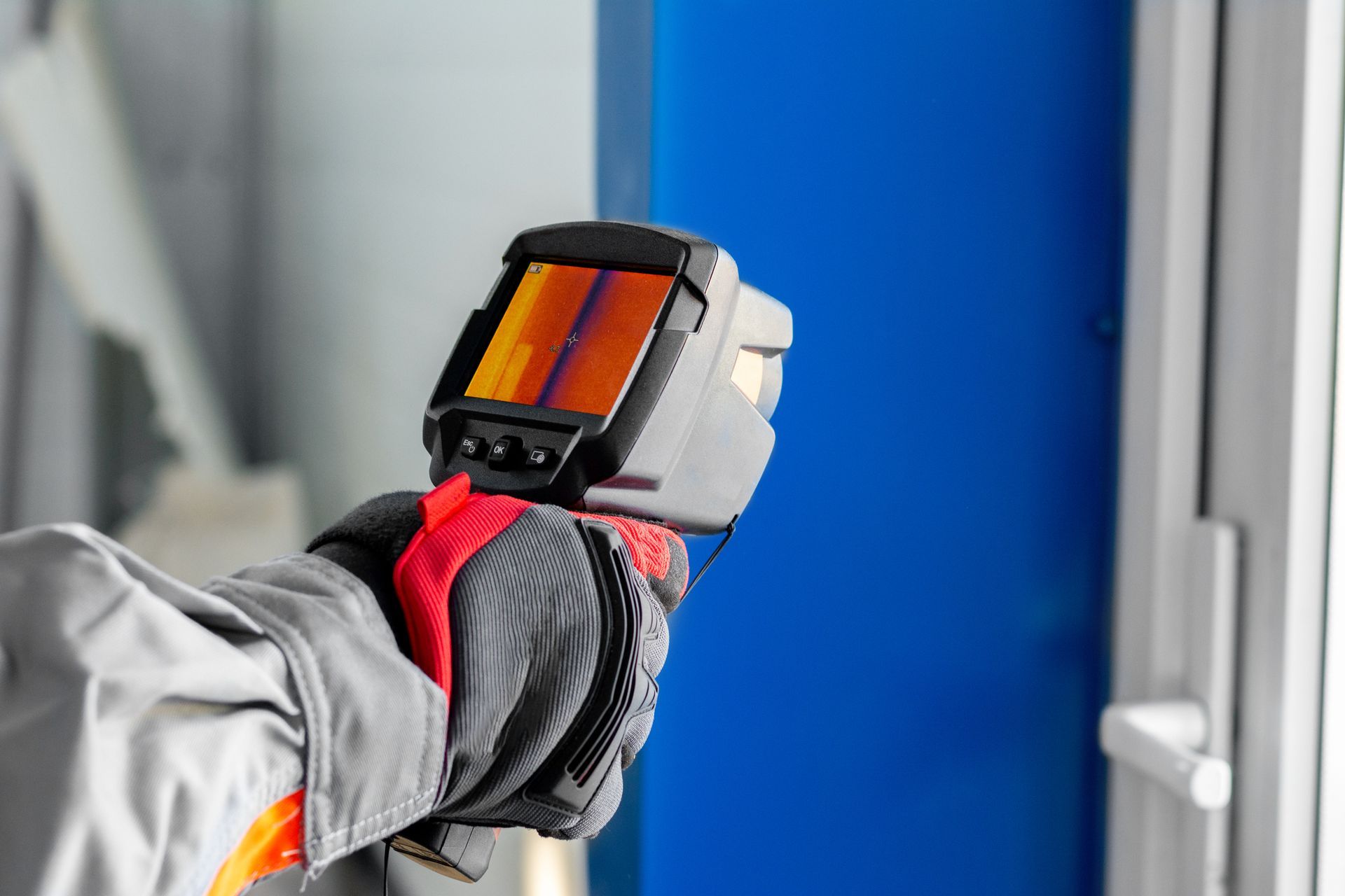 Person wearing gloves holding a thermal imaging camera, inspecting a blue wall near a window frame.
