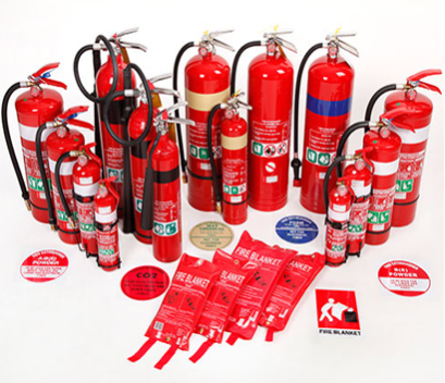 Collection of red fire extinguishers and fire blankets with associated circular labels. Collection of red fire extinguishers and fire blankets with associated circular labels.