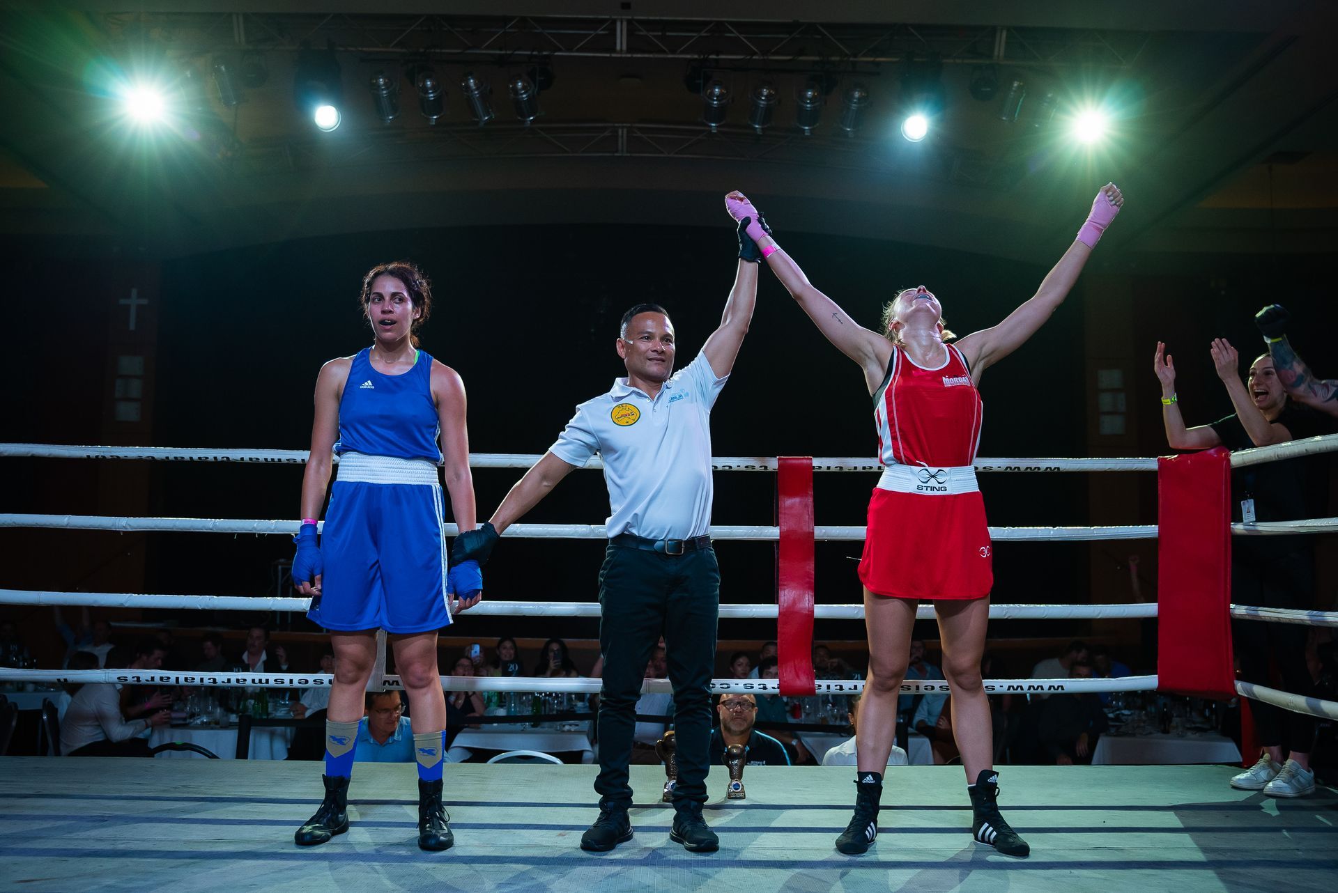 Boxing match: Referee raises winner's arm. One boxer in blue, the other in red, in a boxing ring.