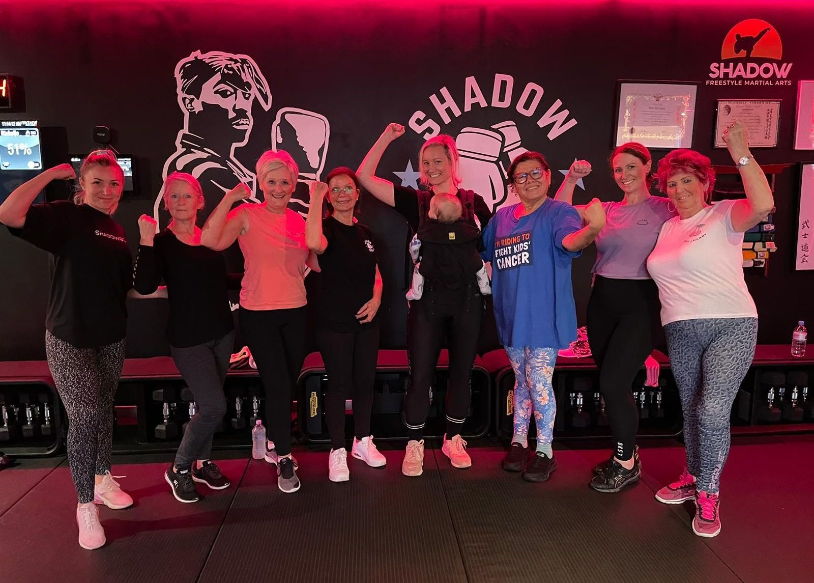 Group of people posing, flexing muscles, in a gym with 
