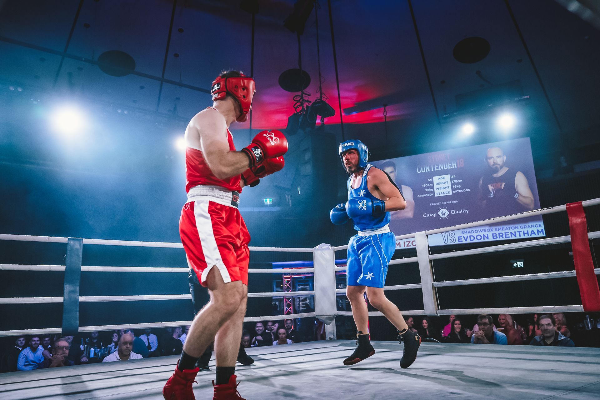 Two boxers in a ring; one in red, one in blue, face each other, gloves up, in a stadium.