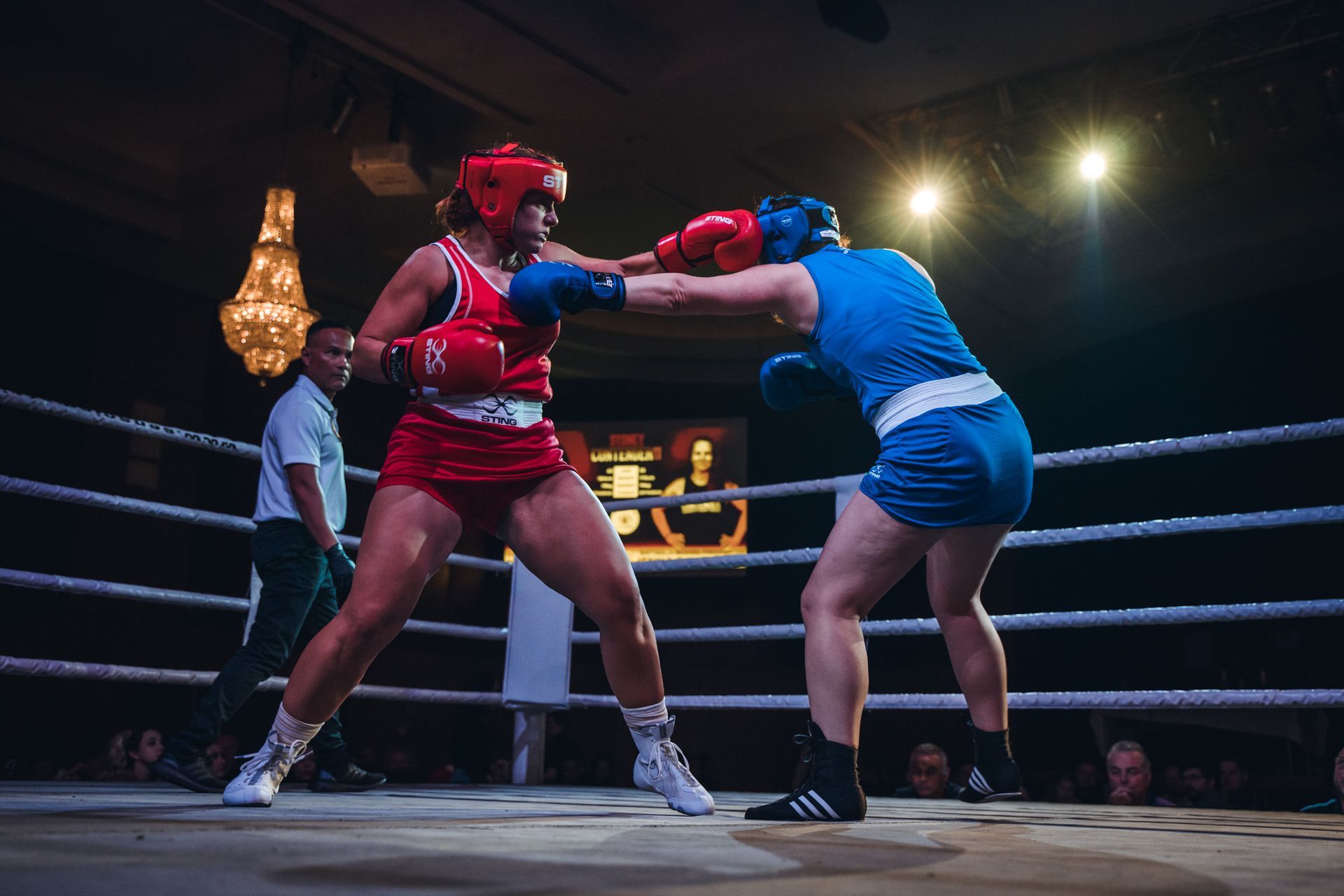 Two women boxing in a ring; one in red, the other in blue, gloves raised. Referee watches.