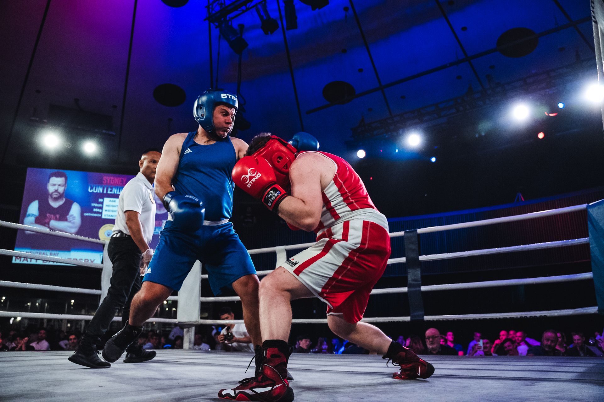 Boxers in a ring, one in red, one in blue, in a boxing match.