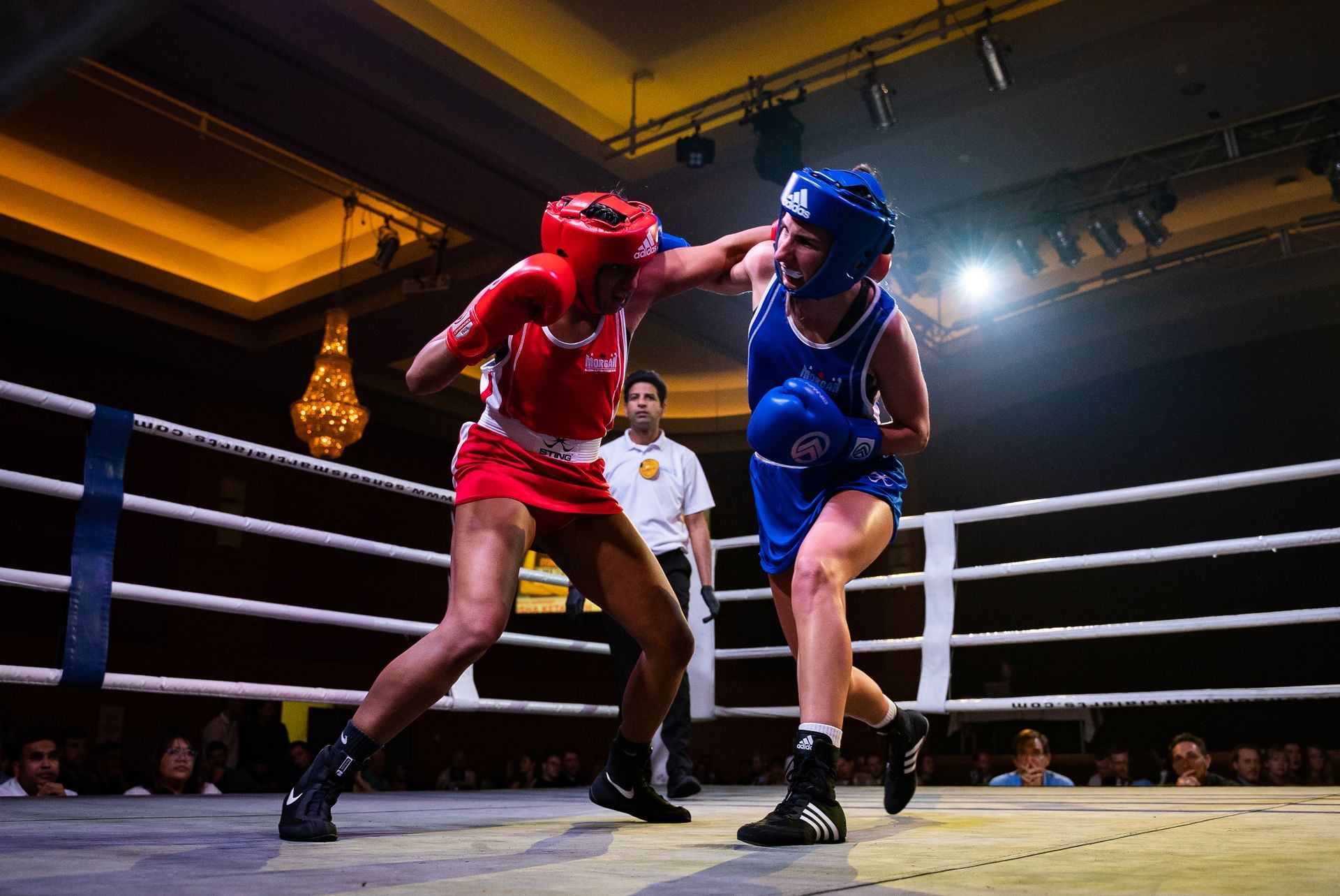 Two boxers in a ring; one throws a punch at the other. Referee watches.