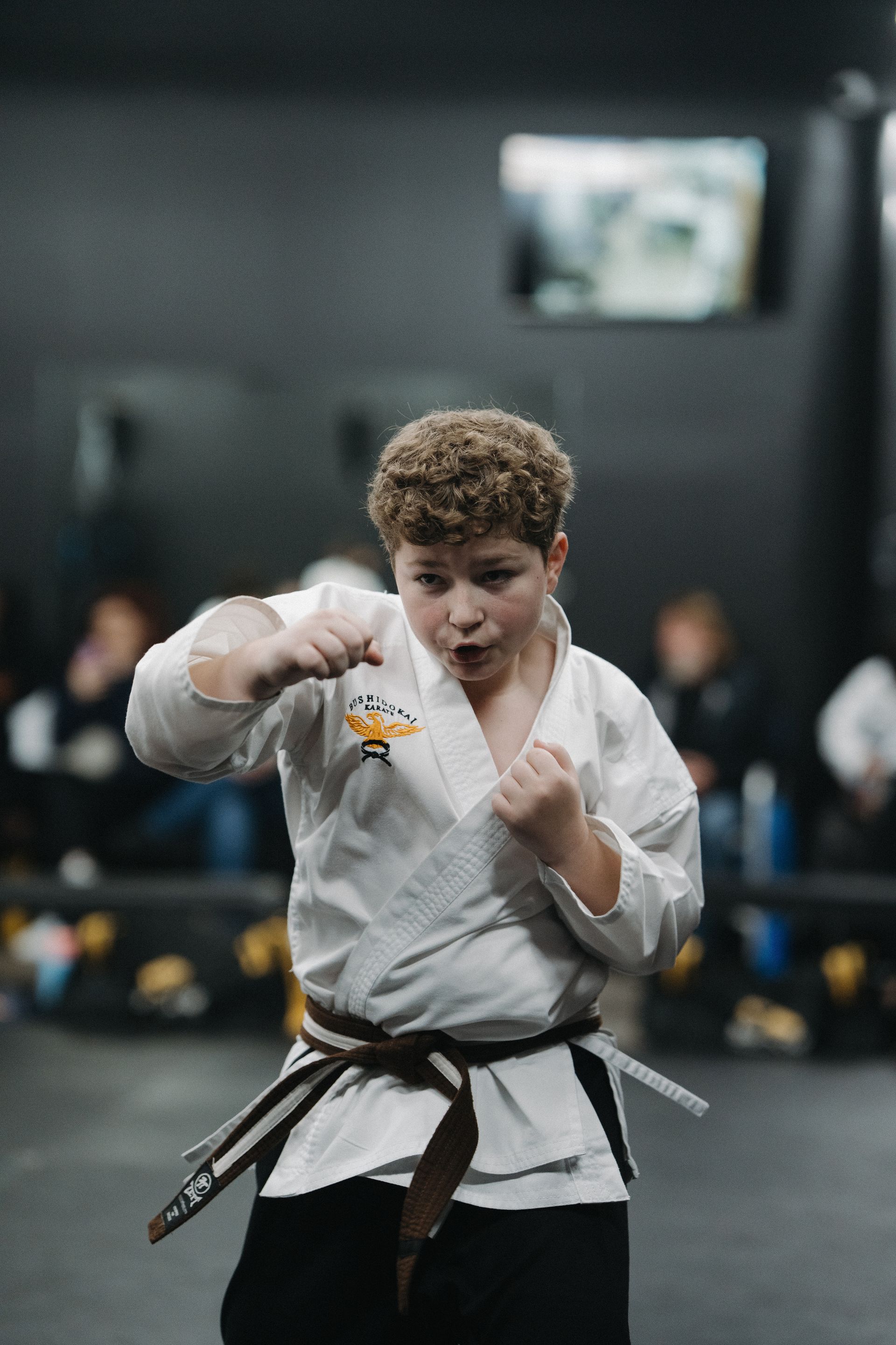 Boy in karate uniform, brown belt, practicing a punch in a dojo.