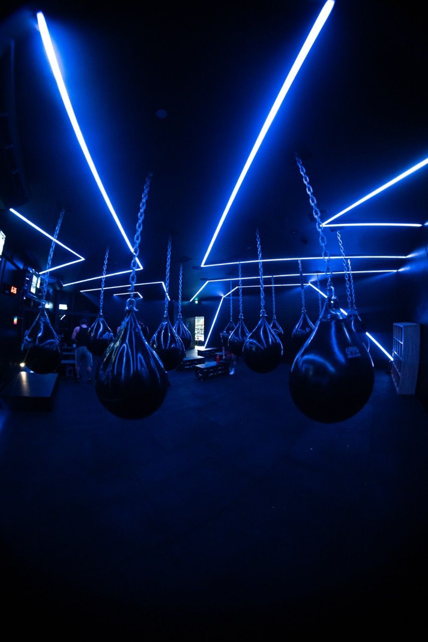 Dark boxing gym with hanging teardrop bags, lit by blue neon lines.