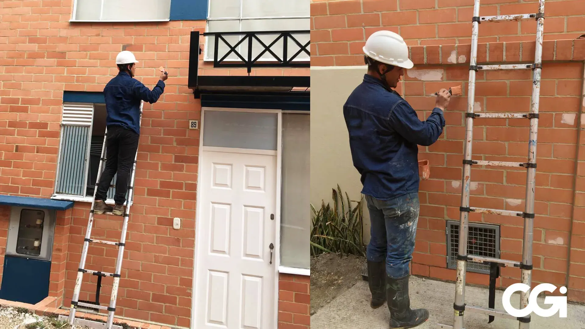 Persona que pinta una pared de ladrillos desde una escalera, vistiendo casco y ropa de trabajo oscura.