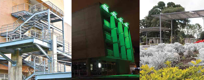 Tres escenas urbanas: una escalera metálica en un edificio de ladrillo, un edificio iluminado con luz verde y un jardín con estructura.