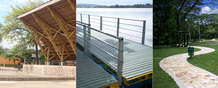 Tres vistas: una estructura con marco de bambú, un muelle con barandilla y un sinuoso camino de piedra en un parque.