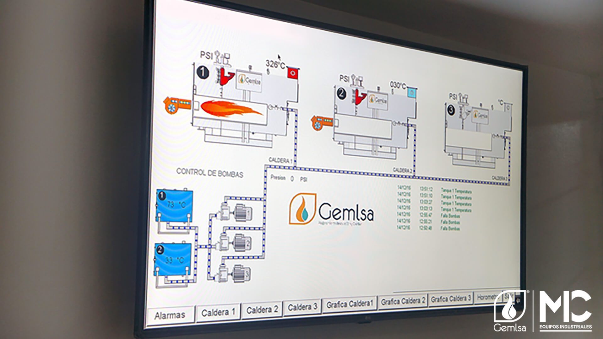 Diagrama en pantalla que muestra equipos y datos de monitoreo en un edificio, con el logotipo de Cemisa en el centro.