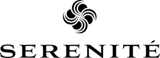 A black and white logo for serenite with a swirl on it