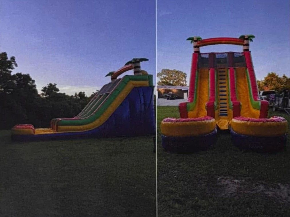 Blue inflatable triple slide with palm-tree decorations on a grassy field under a clear sky