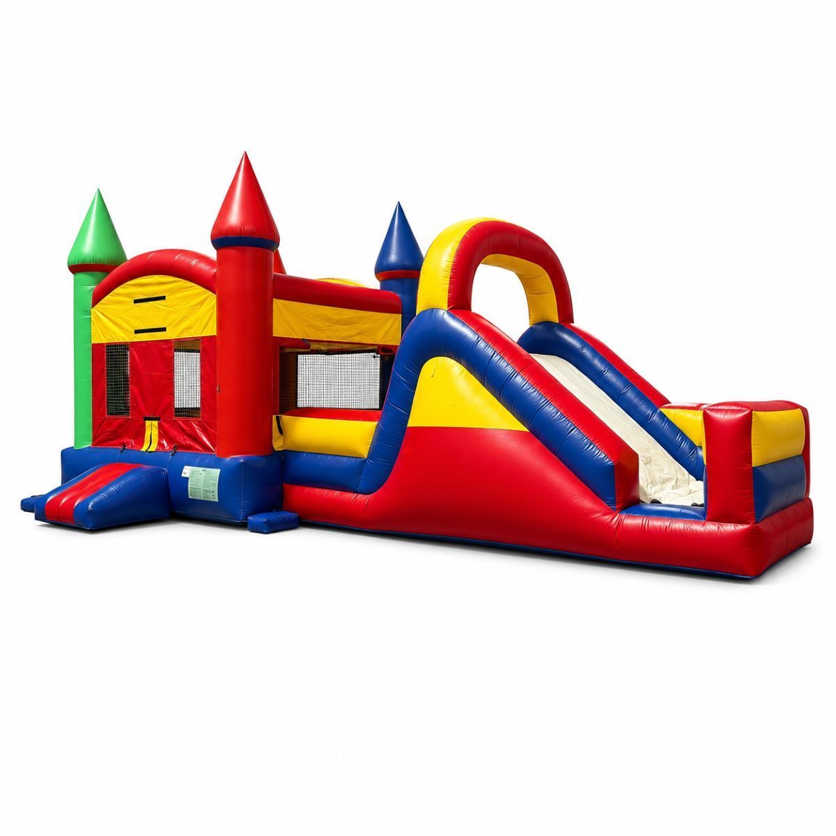 Blue inflatable triple slide with palm-tree decorations on a grassy field under a clear sky
