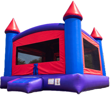 Red and blue inflatable bounce house with castle turrets and mesh windows, shown outdoors.