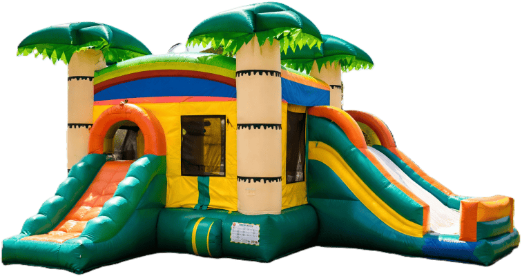 Colorful tropical inflatable bounce house with palm trees, slides, and climbing ramps