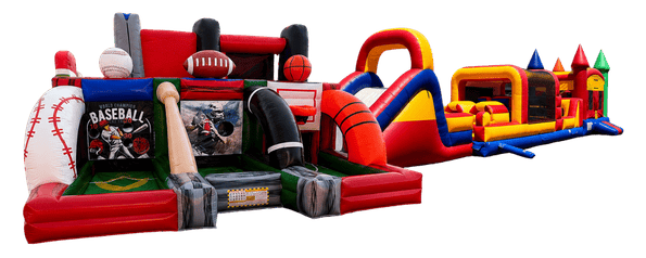 Red, black, and yellow inflatable obstacle course with slides, tunnels, and climbing arches