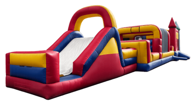 Colorful inflatable obstacle course with a slide, tunnel, and castle tower on a white background