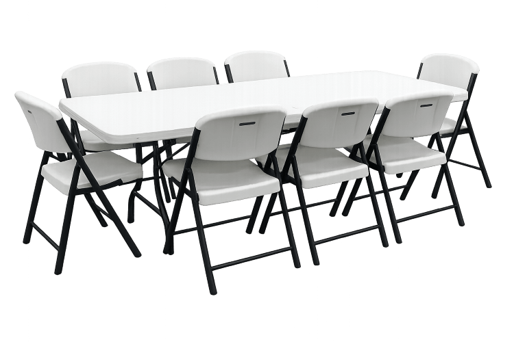 White folding banquet table surrounded by eight black and white folding chairs on a white background