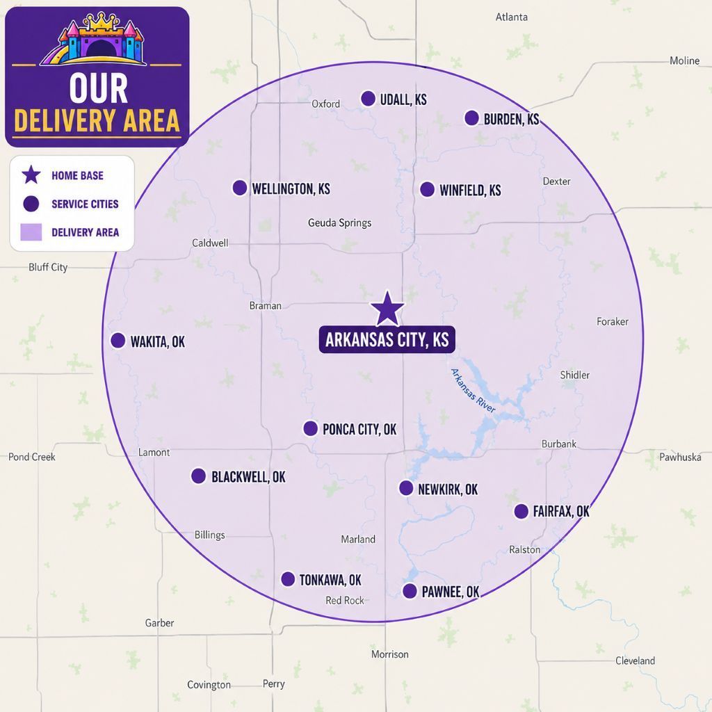 Delivery area map for Arkansas City, KS with a purple coverage circle and nearby locations marked.