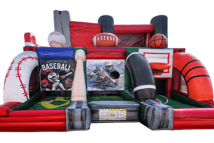 Inflatable baseball-themed bounce house with bats, balls, and red-and-green walls