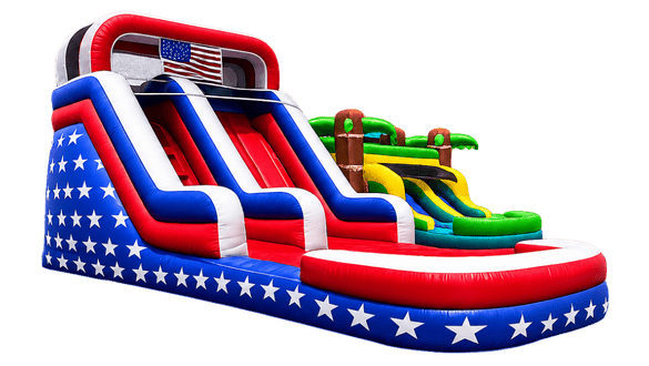 Patriotic red, white, and blue inflatable slide and obstacle course with stars and flags