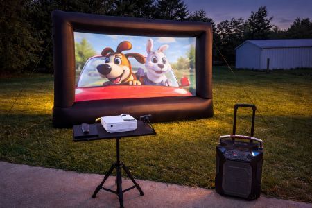 Outdoor movie setup: inflatable screen showing cartoon dog and rabbit, projector, and speaker on grass.