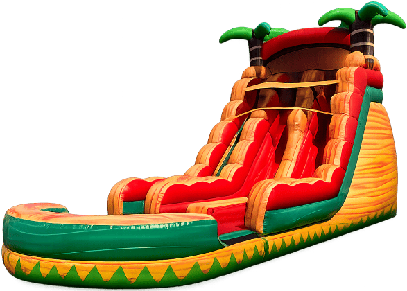 Colorful inflatable waterslide with red, orange, and green lanes, palm tree accents, and a splash pool.